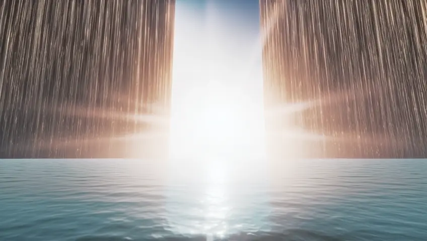 Envision a surreal, miraculous tableau: the splitting Red Sea unfolds, its towering walls of crystalline water glinting in a divine, golden light. This radiant light emanates from a colossal, ethereal hand suspended mid-air, its shape formed entirely of shimmering golden beams. The hand cradles a magnificent sword, its blade carved from a luminous ruby stone, glowing with an unearthly brilliance. The sword pierces through the ocean’s depths, holding the parted waters steady, a symbol of divine power
