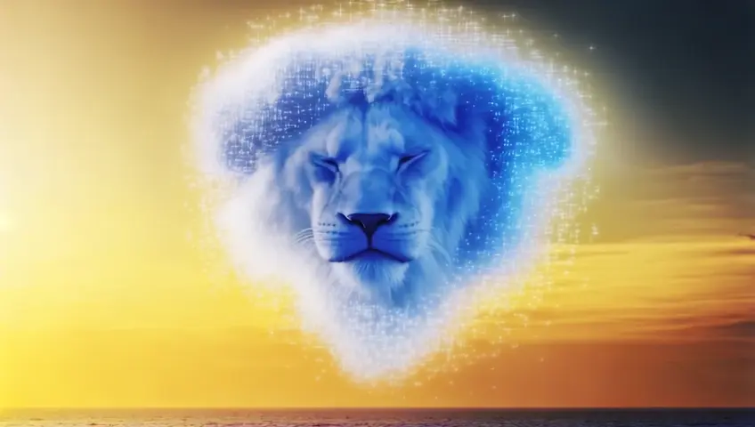 Above, the heavens are adorned with white and blue clouds swirling into the regal shape of a lion’s mane. The mane’s edges sparkle faintly as though dusted with stardust, resonating strength and majesty. The entire scene is suffused with a radiant, golden glow, bathing the ocean, sky, and clouds in transcendent light, capturing a timeless moment of awe and wonder