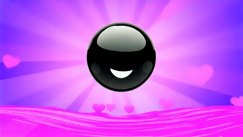 A vibrant digital artwork featuring a large, reflective black sphere dominating the center of the composition. The sphere has a glossy surface that captures and reflects light, creating a high-contrast effect with bright highlights. On its surface are heart-shaped eyes in gradients of pink, transitioning from dark at the outer edges to light towards the centers, with outlined borders giving them a 3D appearance. A curved black smile is prominently displayed below the eyes, forming a smiling expression. Surrounding the main sphere are numerous small heart shapes in various sizes and shades of pink, purple, white, and light magenta, some floating independently while others appear to be emanating from the sphere itself. These hearts vary in size, with larger ones concentrated around the sphere's equator and smaller fragments scattered throughout, creating a dynamic and lively atmosphere. Swirling pink and purple streaks radiate outward from the bottom of the sphere, adding energy and movement to the scene. At the base of the sphere, a cluster of fine pink glitter spreads across the surface, appearing as if it has just dispersed from underneath the sphere, with some particles appearing suspended in mid-air. The background consists of a gradient from dark purple at the top to black at the bottom, providing a stark contrast to the bright elements in the foreground. This composition creates an engaging visual experience with its central focus on the expressive sphere surrounded by a flurry of love symbols, all set against a smooth gradient backdrop that enhances the overall vibrancy and festive mood of the image.