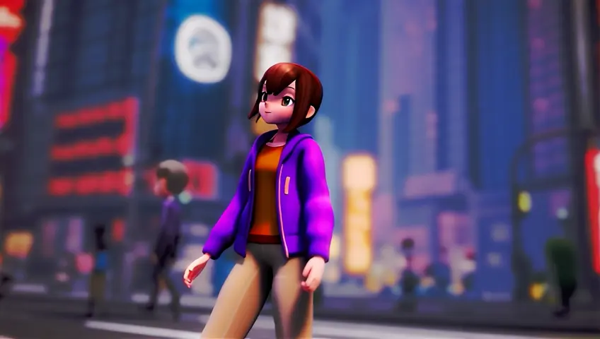 a girl wears purple jacket and light brown trousers walking on the street, anime