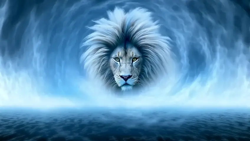 Above the churning waters, the sky transforms into a living tapestry of clouds shaped like the mane of a mighty lion. Wisps of white and blue spiral outward in countless layers, cascading across the heavens in wild, untamed patterns that seem to ripple with the rhythm of a divine heartbeat. The mane stretches infinitely, as if the lion is too vast to be contained within a single form, its essence diffusing across the firmament. From the very heart of this celestial spectacle, two piercing, luminous eyes emerge—golden orbs with depths that shimmer like the first light of creation. These are no ordinary eyes but the living gaze of the lion itself, fierce and eternal, radiating both ferocity and protection