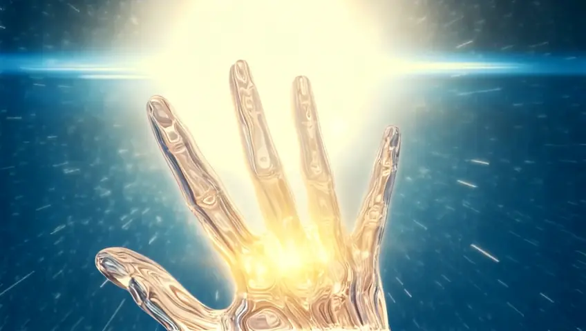 breathtaking celestial vision where a radiant crystal light dominates the heavens, its brilliance cascading across the scene. From this ethereal glow emerges a hand unlike any other—crafted entirely from crystal, but alive with pulsating light from within. Its translucent surface refracts the golden and silver hues of the surrounding light, creating intricate patterns that ripple like living veins of energy. Each finger tapers into delicate yet commanding points, as if shaped by the cosmos itself, and its form emanates an aura of quiet, unshakable power