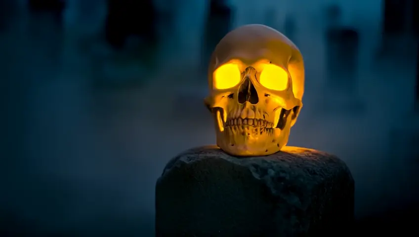 A glowing skull resting on a tombstone, radiating eerie light