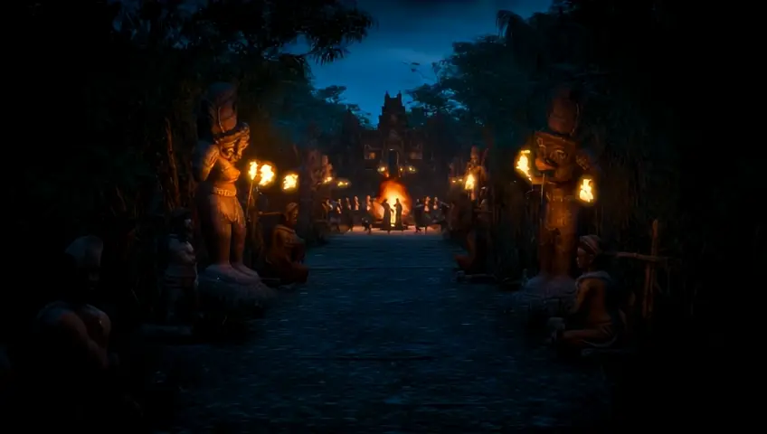 moving through a tribal jungle near dark down a path with large tribal statues on each side of a path that has torches of fire set up on the creepy tribal statues far off in the distance there is a fire with tribal African people dancing around the fire. cinematic and 4k quality