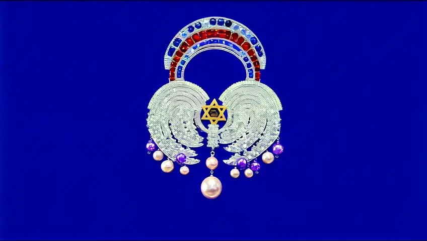 This mesmerizing pendant reimagines the splitting of the Red Sea with two cascading diamond-encrusted waves in dazzling symmetry. At the center, a radiant gold Star of David glows, encircled by a menorah-like arc of brilliant diamonds. The waves’ bases are adorned with shimmering purple pearls, symbolizing divine majesty and mystery. Above the design, a celestial arc of light forms from alternating sapphires and rubies, evoking a heavenly sky of hope