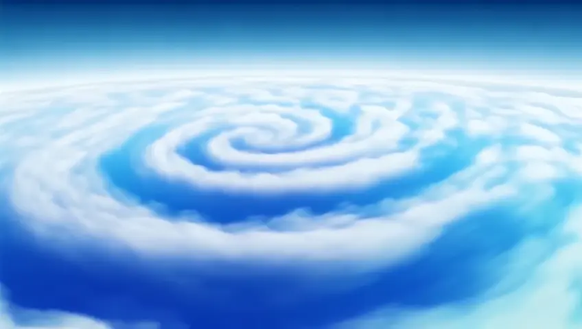 A surreal and ethereal vision unfolds in the celestial realm, where clouds of white and blue spiral together like strands of silk, forming an immense mane reminiscent of a lion’s majestic presence—fierce yet faceless, its power implied rather than shown. The clouds swirl in perfect symmetry, their shapes stretching infinitely into the heavens and across the horizons, embodying both strength and tranquility