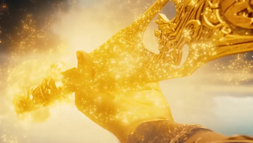 From the heart of this surreal tapestry emerges a radiant golden light, shaped not as a human figure but as an otherworldly hand, elongated and divine, clutching a magnificent sword. The blade gleams with an impossible brilliance, etched with shifting patterns of stars and ancient symbols, a luminous thread binding heaven and earth. The radiant hand stretches forth, commanding the sea with unearthly authority