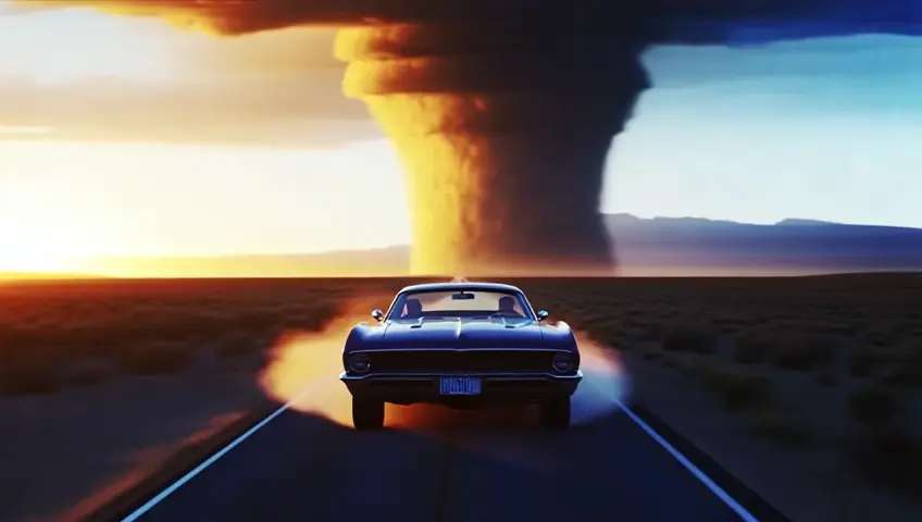66 mustang driving fast to escape an approaching tornado on a lonely desert highway at dawn