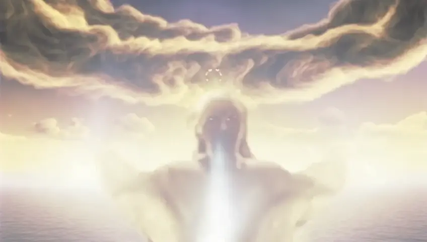 The sky churns with divine majesty as the lion-mane clouds ripple and twist, their blue and white tendrils spreading like an ethereal crown across the heavens. Beneath their celestial gaze, a radiant figure appears, towering above the sea, not bound by earthly form but shimmering like a living flame of gold and white light. The figure is faceless, its presence too luminous to define, yet it radiates a profound, otherworldly blessing that seems to fill every corner of existence