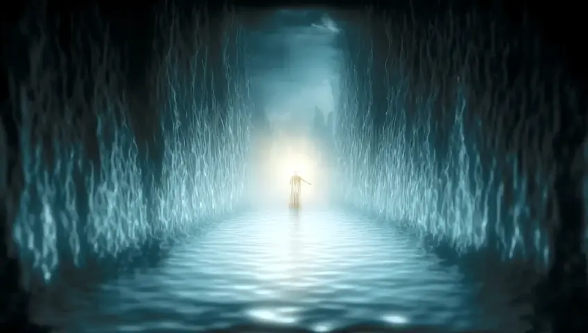 This is no mere parting of waters; it is the unmaking and remaking of reality itself. Time feels suspended, as though the universe is holding its breath in reverence. The radiant figure stands motionless, its outstretched hand still aglow, as if tethering the immense water walls with an unseen, sacred thread. The walls do not merely rise—they pulse with life, their translucent surfaces rippling with shifting patterns of light and shadow, as if carrying whispers of creation’s earliest moments