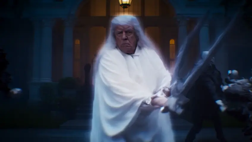 Donald Trump (muscular, vital, white billowing robes, carrying a flaming sword), is driving the ghoulish vampires from the shadow infested White House