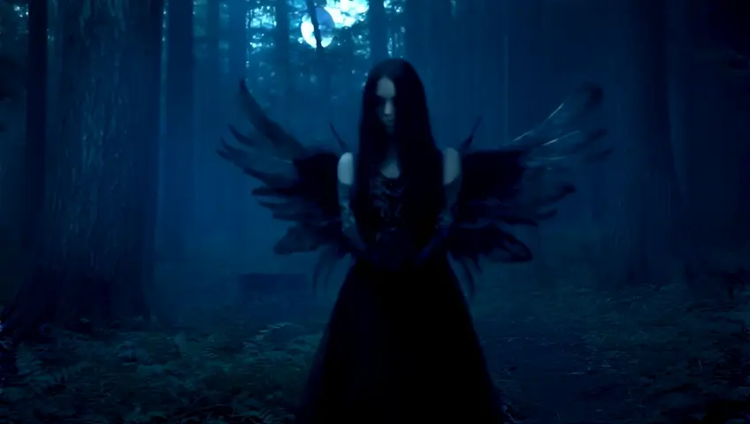 Noctra, a black fairy  with black feathers  breaking her focus,  on magic and  dissociate it  with her dark magic