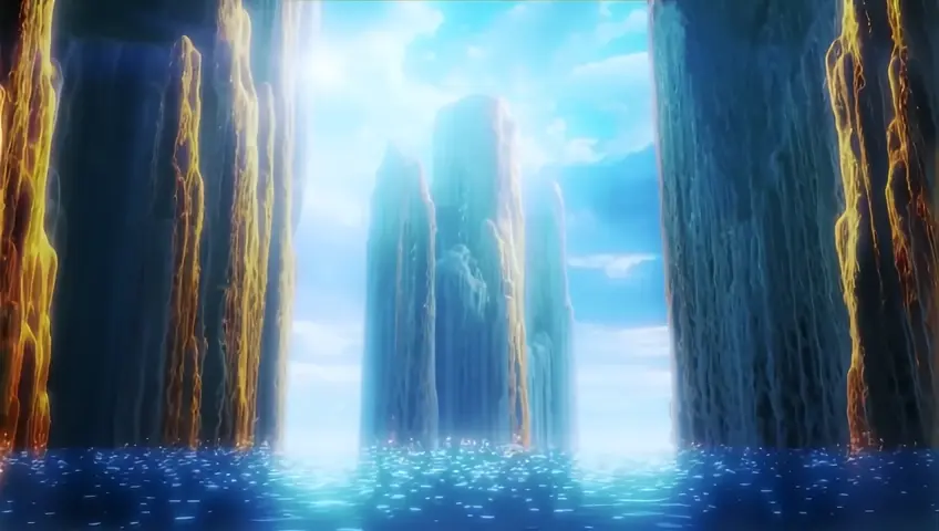 This is no mere parting of waters—it is the unmaking and remaking of reality itself, a moment where the boundaries between the mortal and the divine dissolve. Time seems to halt, suspended in awe, as though the world itself holds its breath to witness the impossible. The towering water walls rise like liquid cathedrals, their immense cascades frozen mid-motion, glimmering with shifting hues of blue and gold that ripple like living light. Every drop of water within the walls feels alive, imbued with a sacred energy, whispering secrets of creation in a symphony too vast for human ears to fully grasp