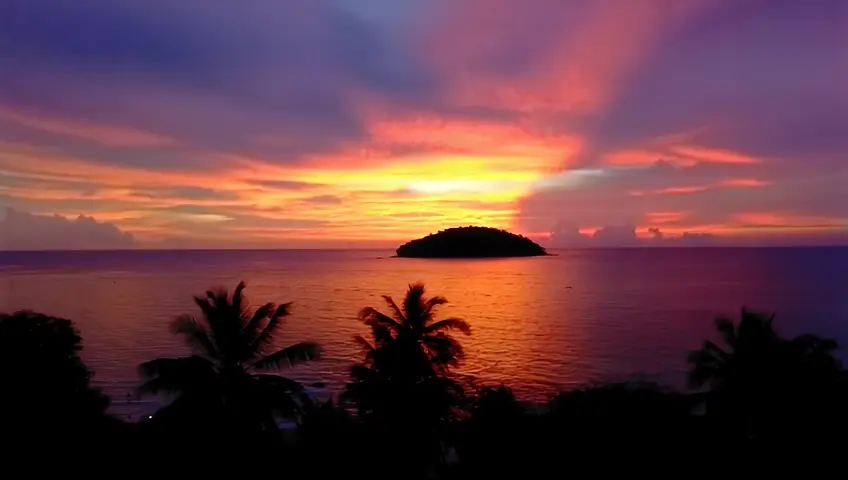 a beautiful, colorful picture of the sun setting over a small tropical island with no people