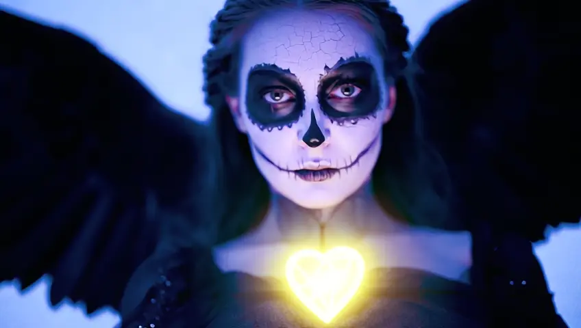 A woman in dark gothic Catrina (day of the dead) make up, gothic dress, her posture whimsical and alluring. Her pale skin is subtly cracked like porcelain, and her glowing talisman is shaped like a heart on fire. you see black demonic wings spreading behind her, as if she's about to fly away.