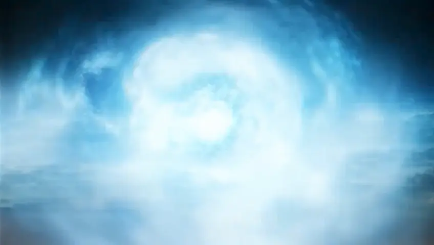 otherworldly, dreamlike tableau where the boundary between heaven and earth dissolves, and the laws of nature are rewritten in a symphony of divine artistry. The sky above is alive, an expanse of swirling white and blue clouds shaped like the flowing mane of a celestial lion, vast and endless. These clouds twist and spiral outward in hypnotic motion, glowing faintly with an ethereal light, as though woven from threads of moonlight and stardust. They pulse with energy, a quiet hum that reverberates through the air like the breath of an unseen force
