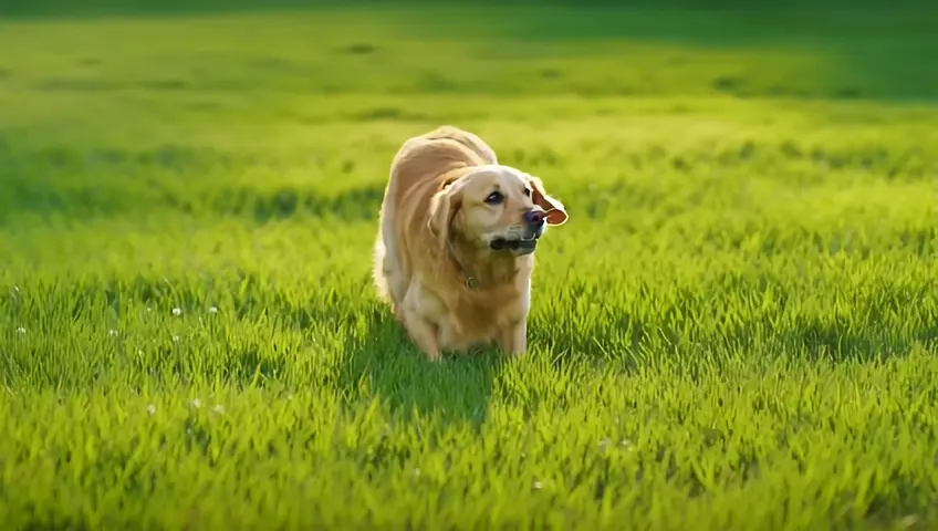 A slow-motion shot of a dog catching a frisbee in a park, leaping into the air with enthusiasm. The camera captures the joy and playful motion.