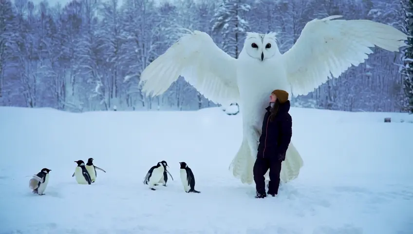 a woman  standing and next to a giant alive white owl which higher than them. in front of scene cute little penguins .  winter landscape in the backgorund