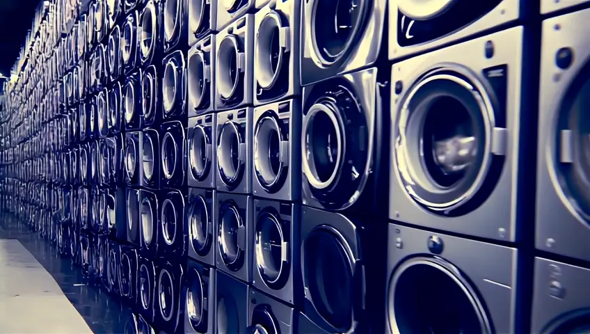 Wide shot of a wall made of many front-loading washing machines stacked in several rows and columns.