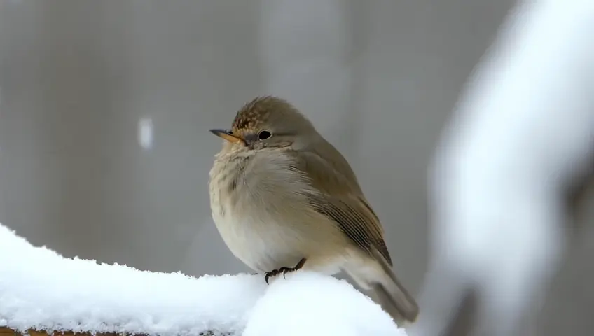 A small bird perches on a snow-covered tree branch, its feathers puffed up against the cold. The camera zooms in as the bird takes off, its wings flapping swiftly and snowflakes being dislodged from the branch as it lifts into the air. The background is filled with softly falling snow, creating a peaceful winter scene.