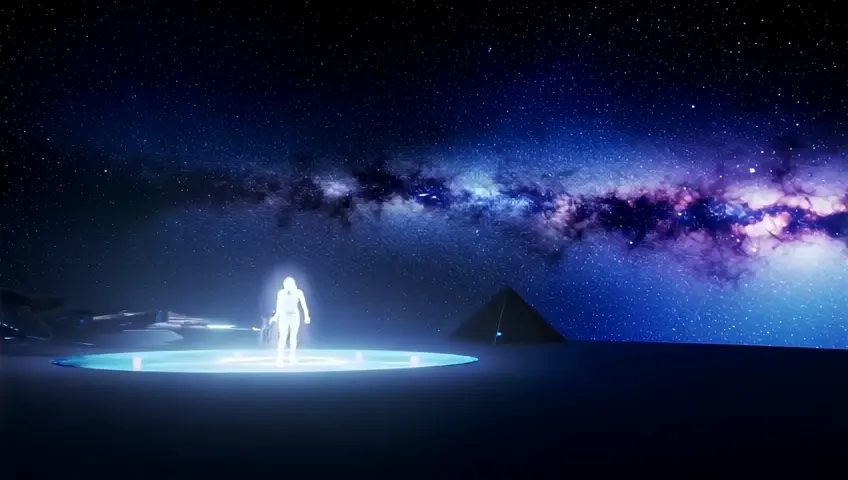 create portal gate to other dimensions next to biocomputer space ship travel between galaxies next to pyramid shaped space ship with existing Alian butifull God women