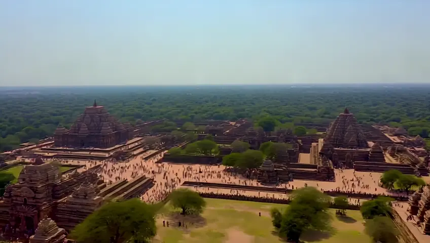 A sweeping aerial shot of the grand Vijayanagara Empire. The camera pans over intricate temples, bustling markets, and green landscapes, all under a bright, clear sky.

Mood: Majestic and vibrant, capturing the glory of the empire. Drone shot