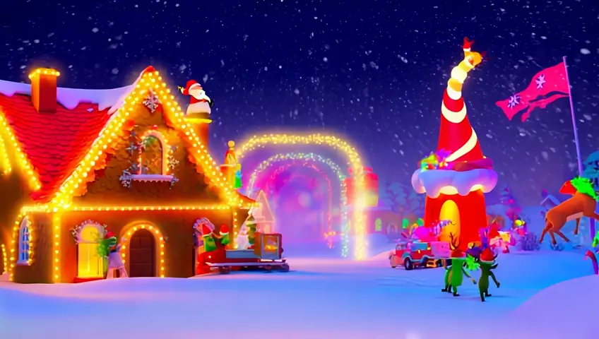 Lots of Naturalistic Movements, Subtle Movements, Dynamic Motion.  
3D animation old fashion style cute cartoon Christmas story tales  A whimsical street of over-the-top Christmas houses, each battling to outdo the other in festive grandeur. The first house boasts a façade completely covered in flashing LED snowflakes, transitioning in waves of color from gold to crimson, while a glowing Santa dances with animated elves on the rooftop disco. In the garden, reindeer statues with glittering antlers nod rhythmically as they "graze" near a life-sized gingerbread house with glowing candy accents. Across the street, a rival house showcases an enormous inflatable Santa climbing a chimney, surrounded by a swirling projection of animated snowstorms on the walls. Giant ornaments dangle from frost-covered trees, spinning and casting rainbow reflections onto the snow. Between the houses, glowing arches form a tunnel of multicolored lights, where animated snowmen twirl and "wink" at passersby. Above it all, a synchronized light show illuminates the sky, with beams of vibrant red, green, and gold forming animated patterns of stars, bells, and holly leaves. A glowing sign reads “Merry Christmas to All”, its letters sparkling as if dusted with magic. Snow falls steadily, glittering in the light, while a toy train zips through both yards, its wheels glowing as it transitions through sparkling snow tunnels. This surreal, eccentric scene brims with motion, detail, and overwhelming Christmas cheer, every inch alive with vibrant excess.