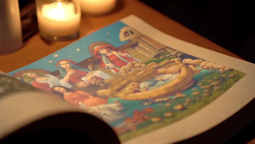 Un libro abierto y dentro, en las dos paginas una escena de el nacimiento de Jesús en el pesebre