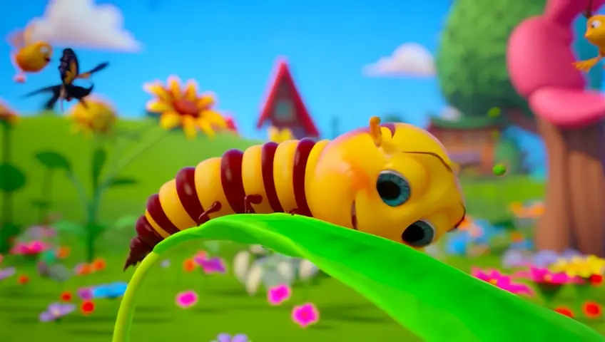 A close-up of a cartoon caterpillar with a big smile, crawling along a vibrant green leaf. The caterpillar pauses to munch on the leaf, with animated "crunch" sounds and cute facial expressions. The background shows a sunny garden with colorful flowers, butterflies fluttering, and birds chirping