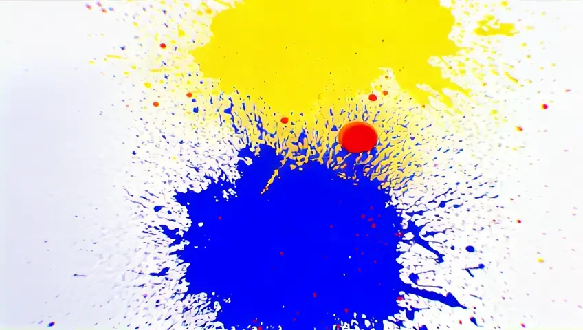 A slow-motion shot of paint splattering onto a blank canvas, creating an abstract piece of art. The camera captures the vivid colors merging and the dynamic motion of the paint.