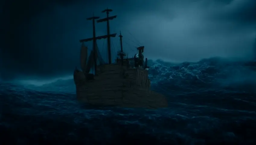 A violent storm rages over a massive wooden ark at sea. Lightning flashes across the sky, and waves crash against the ship. A determined man, stands at the helm, gripping the wheel against the storm