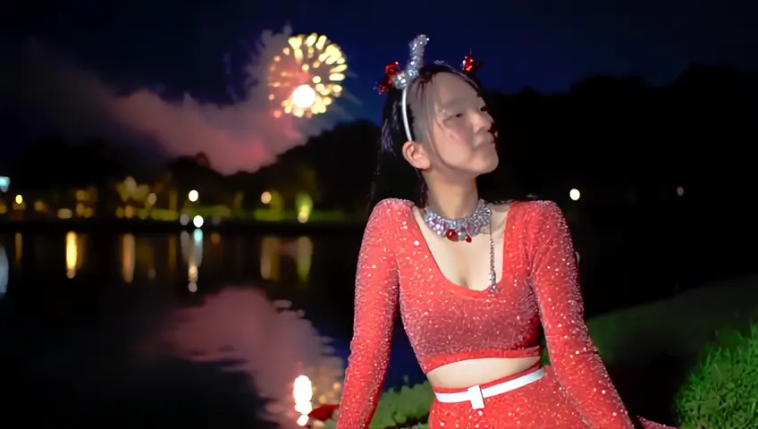 A cute woman, Japanese(cute, age 22, sexy two piece Christmas outfit (with sequins and rhinestones only on her clothes), Christmas jewelry, sparkles in eyes), sits on the shore of a lake in a Japanese park at night, fireworks light up the night