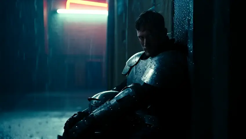 A warrior sits alone in a dark, rain-soaked alley, their metallic helmet resting on their lap. Their scarred face is illuminated by a flickering neon sign as they stare into the distance, reflecting on battles past.