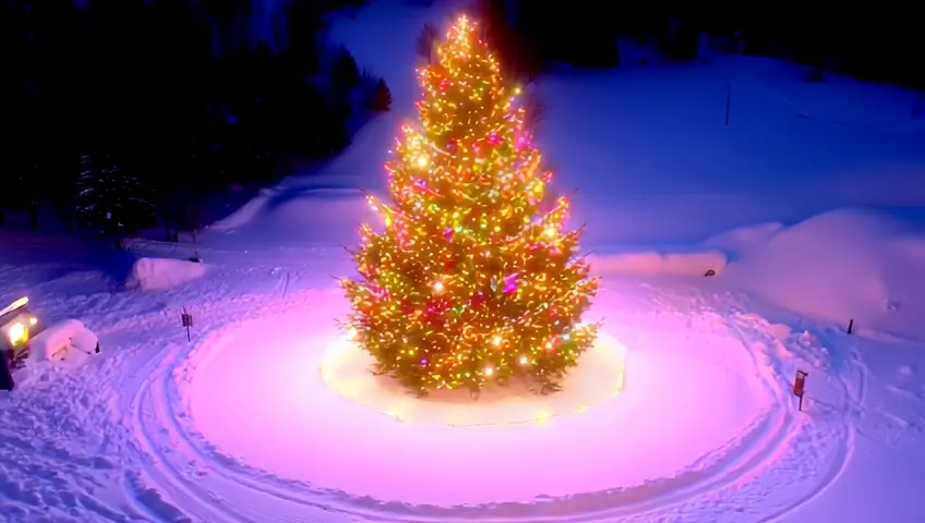 Christmas tree and glowing Christmas lights in the snow outside in the dark