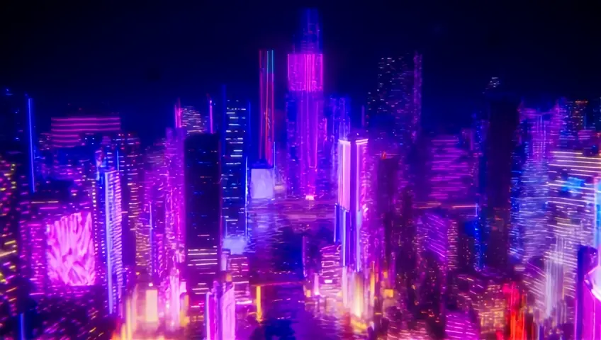 "A vibrant, ultra-realistic cityscape at night, drenched in neon lights of pink, purple, and gold. Cupid, a modern figure with glowing golden wings and a bow emitting shimmering trails, perches atop a high-rise building. The camera zooms in from a wide aerial shot of the bustling city to focus on Cupid’s mischievous smirk as he draws his first arrow. Below, people move in slow motion, their faces lighting up as neon hearts reflect on their skin. The city glows with life, with holographic billboards and reflections shimmering on wet pavements."