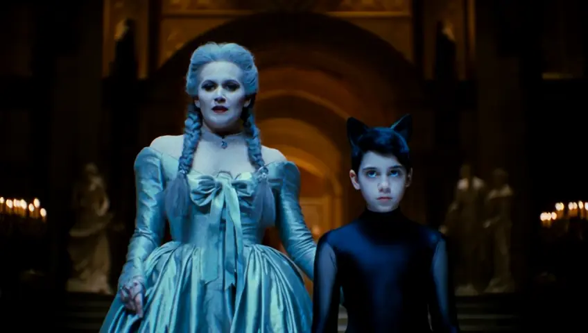 Jenna Ortega as Goody Addams and Wednesday Addams in a scene , set in a dark, gothic environment. Goody Hair: Long, straight hair styled into two tight braids that hang over the shoulders, adding to the character's youthful yet timeless appearance. The hair color should be a color is gray, matching the gothic theme. Goody wears a long, flowing gown made from a shiny, silk-like material in a muted, silvery tone with a hint of bluish-green. The gown features:

A long, flowing gown made from a shiny, silk-like material in a muted, silvery tone,with a hint of bluish green.. The dress features:
Bodice: Fitted with a high collar that frames the neck, adorned with intricate bow-like detailing down the front.
Sleeves: Long, with slight puffiness at the shoulders, tapering down to fitted cuffs.
Skirt: Full-length, with a subtle pattern of small shapes or dots, adding texture without overwhelming the simplicity of the design.
Back Detail: The back of the dress mirrors the front with its bow-like detailing, creating a cohesive look from all angles.

Goody stands close behind Wednesday, who is in a sleek black catsuit with cat ears, in a protective stance. Both maintain serious, intense expressions in a moody, old, dimly lit gothic room or misty forest, enhancing the eerie and mysterious vibe.