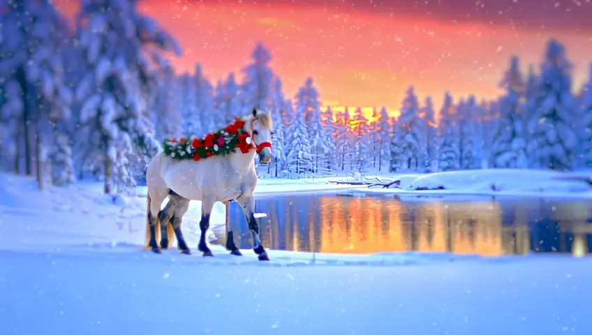 a pack of White horse wearing floral grand Christmas garland walking in a winding snow-covered forest landscape covered with a frozen lake and the reflection for frozen trees and branches, with snow gently falling and sunset glowing with pink and orange cotton candy comma cloud, tilt-shift photo, morning light bokeh creative photography posters, miniature photography, beautiful lighting, emphasis lighting, global lighting surreal, ultra - detailed, 8k, simple composition --style raw --personalize ai2m4uy --stylize 700 --v 6.1