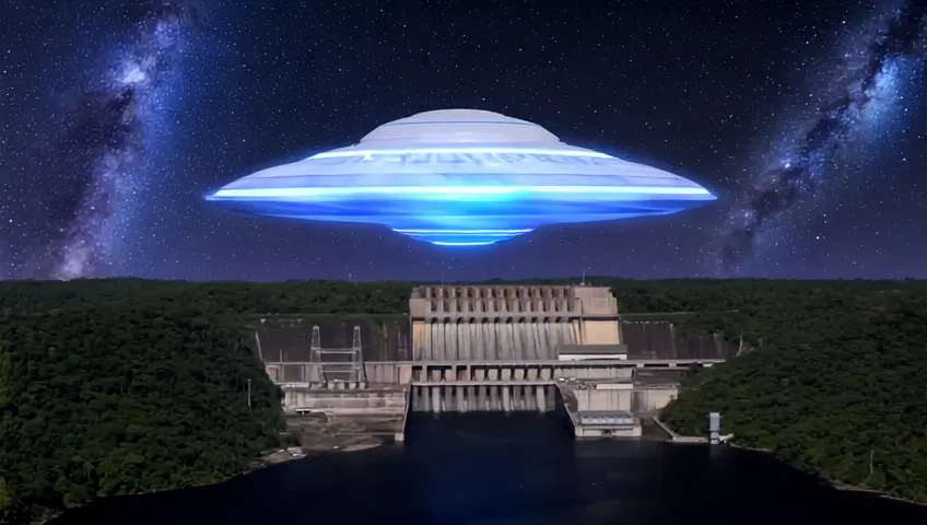 create a hyper realistic image that simulates a UFO flying over the Itaipú hydroelectric plant located in the city of Foz do Iguaçu in Brazil