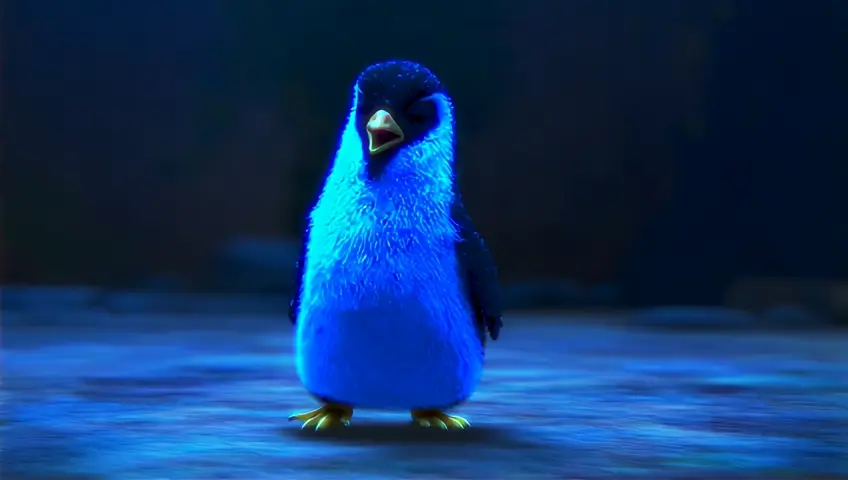 A cute odd kawaii penguin chick, black obsidian and azurblue white fur unique markings, 3d pixar art, full body, divine cinematic edge lighting, natural lighting and shading