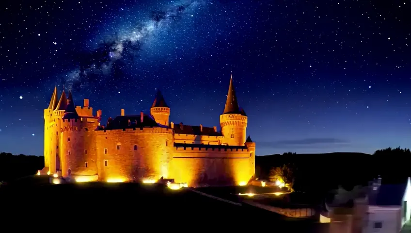 A wide-angle shot of a historical castle illuminated at night, with stars above. The camera pans to showcase the architecture and ambiance