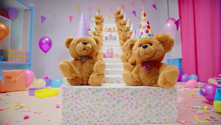 Wide shot showing an army of teddy bears climbing a small staircase with birthday hats on their heads, on top of a cake decorated with unicorn figurines, in a room decorated for a girl's birthday.