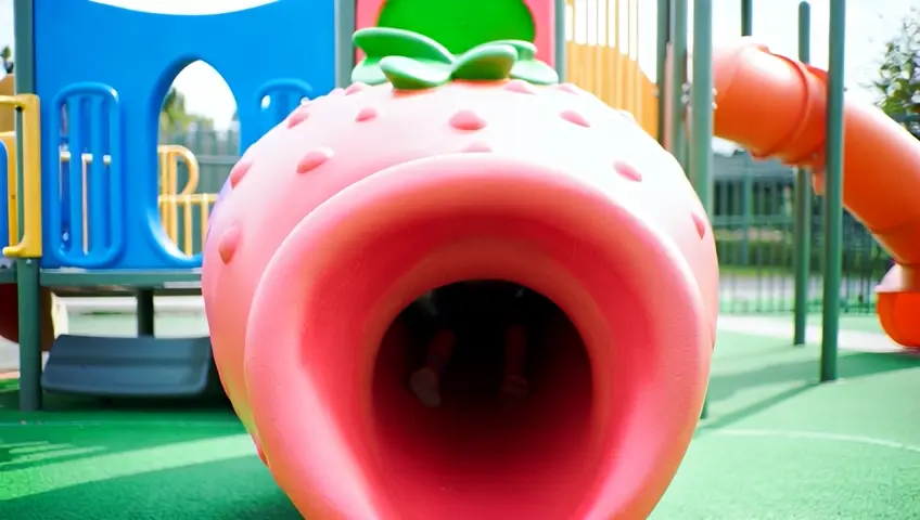 A child is sliding down a slide shaped like a real strawberry filled with cocoa