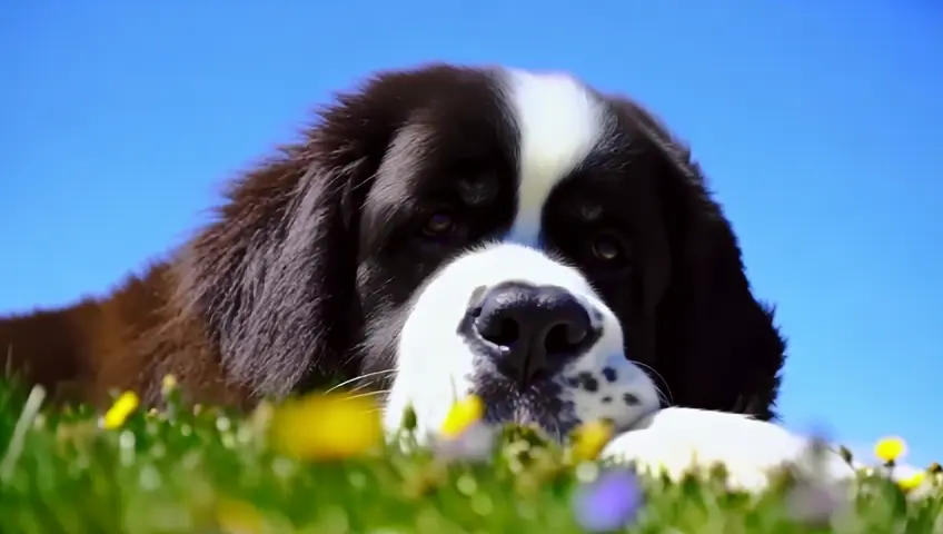 The dog flies up. Breed: Saint Bernard.