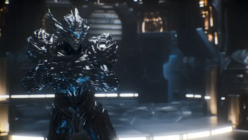 Wide angle, cinematic shot a female alien robot with armor and weapons, fighting dark male alien robot with armor and weapons dark male alien robot take advantage of female alien robot