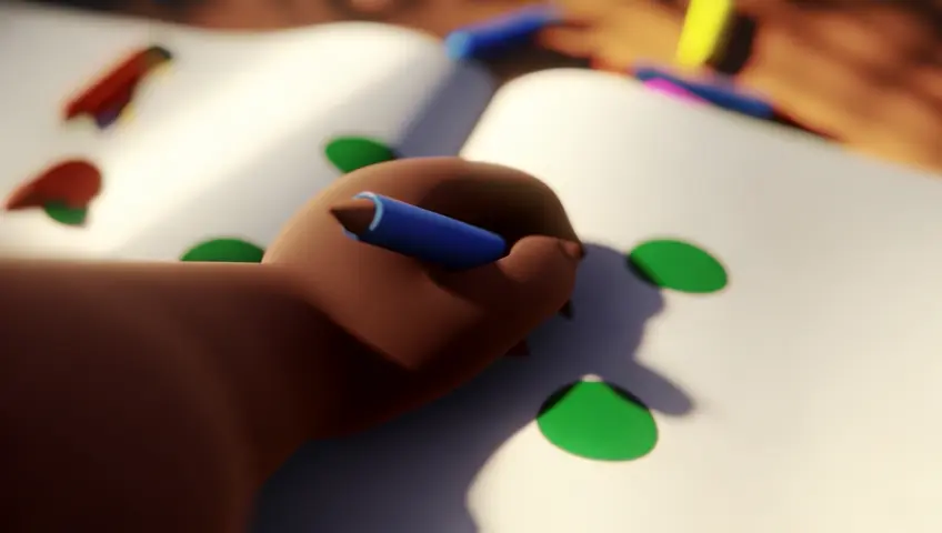 "3D render of a dark brown-skinned arm holding a blue crayon over an open coloring book. The hand has a casual, relaxed grip on the crayon. The perspective is from slightly above, looking down at the scene. The coloring book page shows a partially colored design. Natural warm lighting highlights the skin tone and creates subtle shadows on the book page. Scattered crayons are visible at the edges of the frame. Photorealistic style with a focus on the hand detail and crayon texture. Close-up shot that fills the frame with the arm, hand, and immediate coloring area."