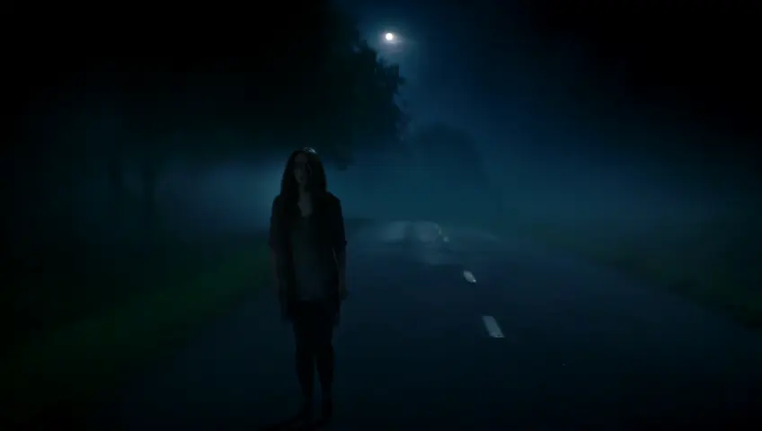 "A short horror video set on a dark, foggy road at midnight, illuminated only by faint moonlight. The camera follows a young woman walking nervously down the deserted road, her footsteps echoing in the silence. She glances over her shoulder with a terrified expression, sensing someone—or something—behind her. As the tension builds, the scene slows down, focusing on her heavy breathing and the eerie rustling of the leaves. Suddenly, a ghostly, translucent hand appears from the mist, hovering inches above her shoulder, almost touching her. The soundtrack includes a low, ominous hum, occasional whispers, and distant, unsettling noises. The scene ends with her scream echoing as the screen fades to black."