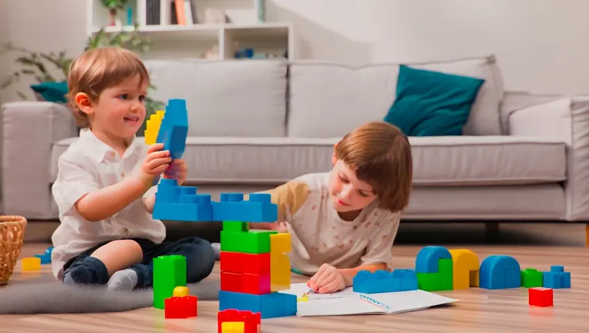 Many children playing at home cartoon style