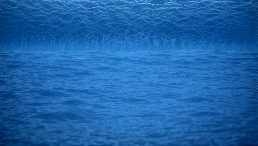 An endless expanse of towering seawater looms across the horizon, a magnificent cascade that seems to hold the heavens aloft. The wall of liquid glimmers like molten sapphire, its surface alive with swirling patterns of light that shift and dance as though whispering ancient secrets. The air is thick with the sound of cascading waves, a symphony of power and grace that resonates through the soul