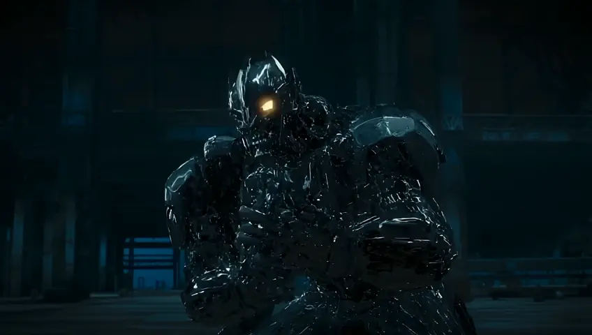 Wide angle shot of a dark male alien robot with armor and weapons with guns firing at a stranger with Gas mask and trenchcoat cinematic chaos