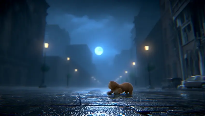 Crear un video estilo Pixar en 3D con la historia de un gato gordo y asustado, abandonado en una calle desierta y oscura de la ciudad. La escena se desarrolla en una noche  de luna brillante  donde el gato, con pelaje desordenado y ojos llenos de miedo, busca desesperadamente un lugar seguro para refugiarse. El ambiente debe ser sombrío, con luces de faroles intermitentes que reflejan la lluvia.